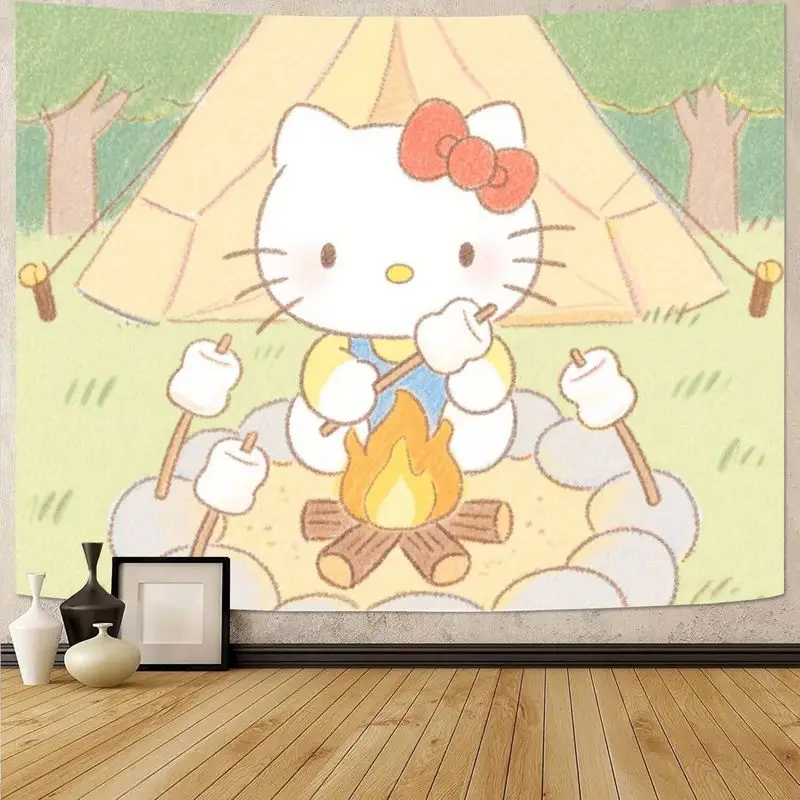 

1PC Sanrio Hello Kitty Camping Tapestry, Kawaii Marshmallow Campfire Wall Art for Cozy Bedroom Living Room Dorm Decor, Cute Girl