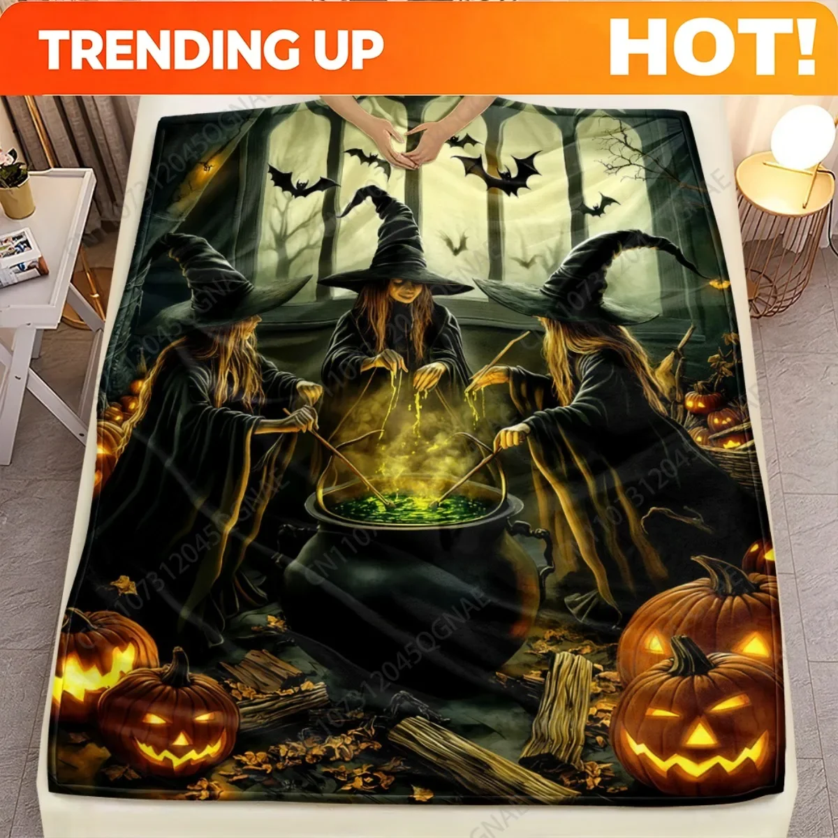 Custom Halloween Witches Brewing Potion Fleece Spooky Theme Flannel Throw Blanket For Halloween Party Decor Witch CauldronPumpki