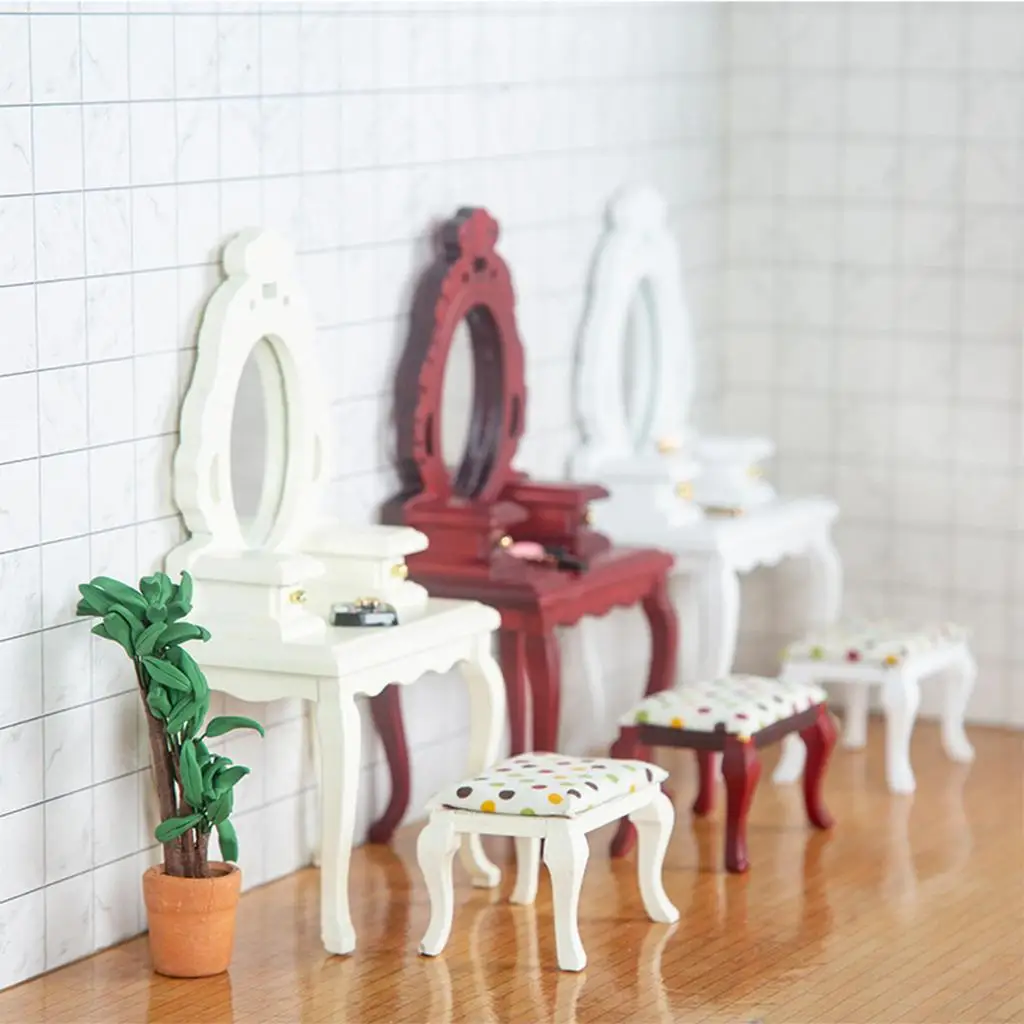 Coiffeuse Miniature faite à la main avec tabouret, maison de poupée 1:12