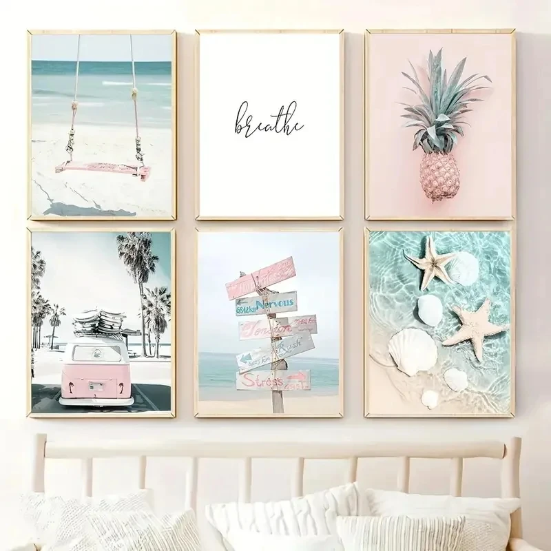 

6pcs Creative Pink Car Beach Landscape Painting, Printed Canvas Wall Art, Modern Bedroom, Office, Living Room Home Decoration