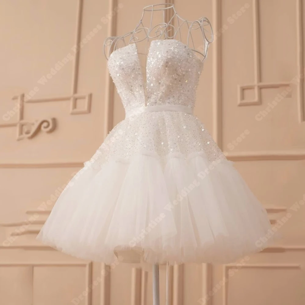 Abiti da sposa senza maniche con colletto a cuore abiti da sposa in Tulle con paillettes brillanti lunghezza della pulizia abiti da Cocktail Party De Novia