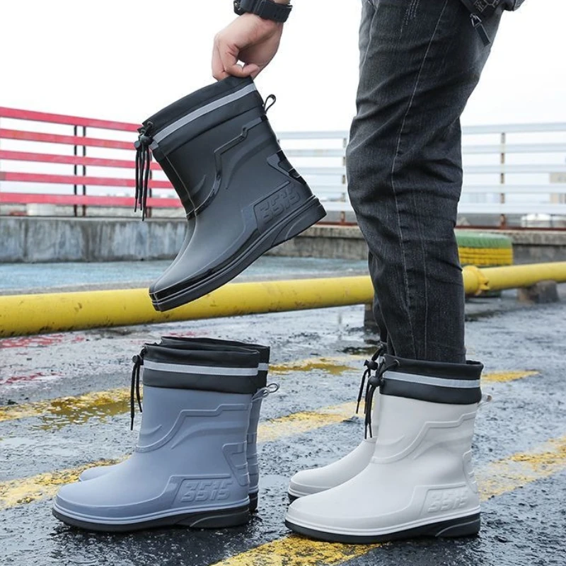 Men's Lightweight Mid-Tube Rain Boots No Lining Waterproof Mud-Resistant High Elastic Cuff Single Layer Shoes