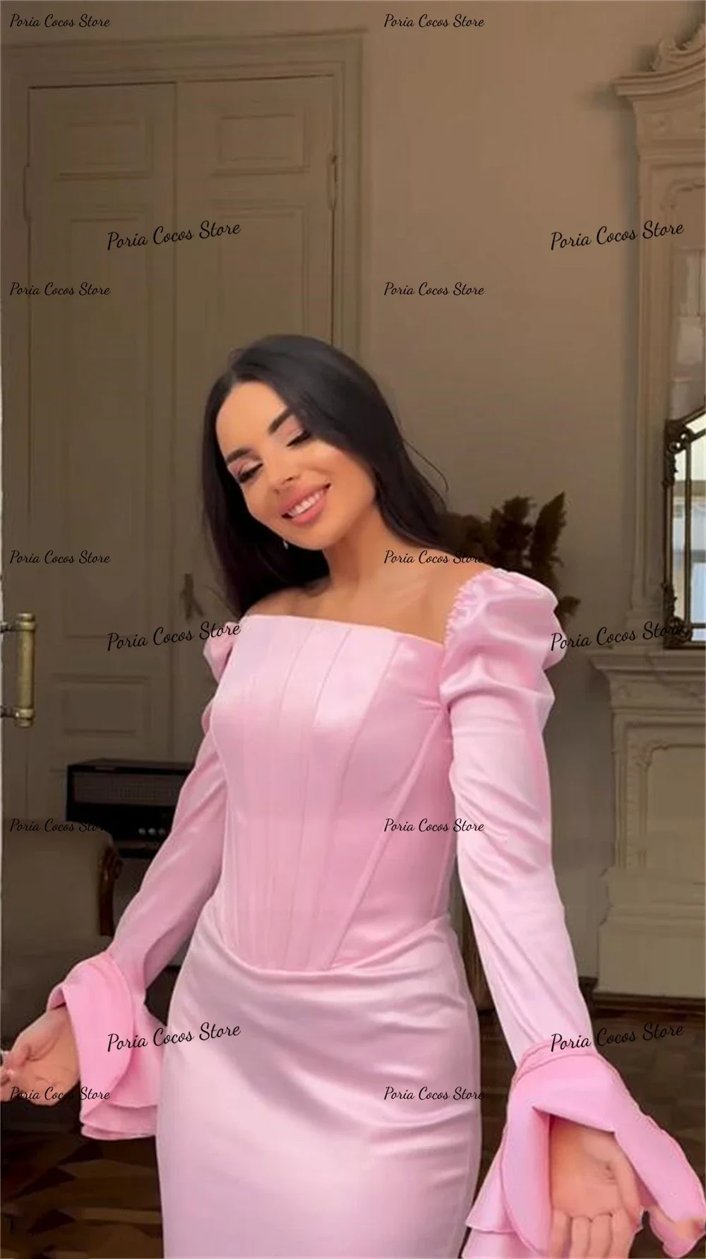 Vestidos de Noche personalizados, cuello cuadrado, manga larga acampanada, vestido de sirena hasta el tobillo, satén, alta calidad, ocasión, vestido de graduación para mujer