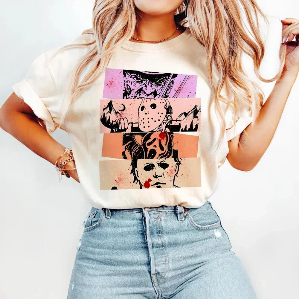 

Trendy O-Neck Sweet T-Shirt Printed Retro Dream Halloween Horror Characters Women's Casual Style Flower Halloween Top T-Shirt