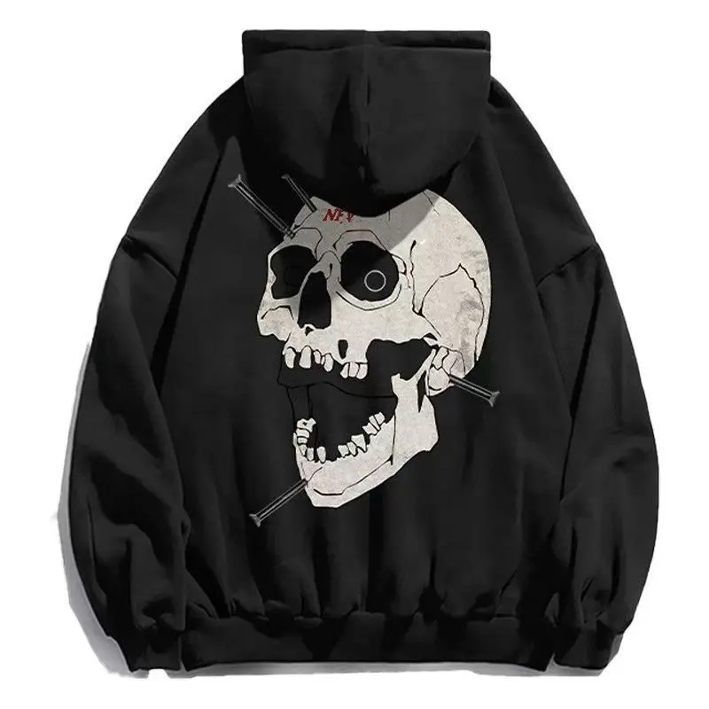 2024Y2K New In Hoodies & Sweatshirts Mens Skull Prited Cotton Hoodie Man Black Hooded Tracksuit Pullover Sudadera Negra Techwear