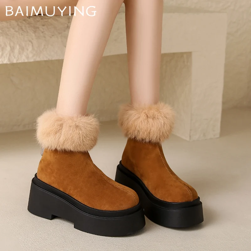 Fur Platform Women Snow Ankle Boots Suede Short Plush Cotton Mid Heels Shoes 2025 Trend Casual Warm Cozy Winter Botas De Mujer