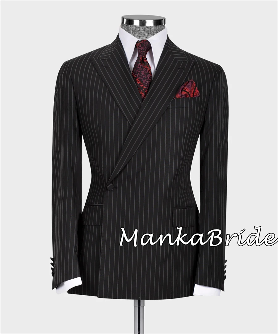 Terno de peito duplo listrado preto masculino, smoking noivo, calça blazer, roupa formal de negócios, roupas de casamento, 2 peças