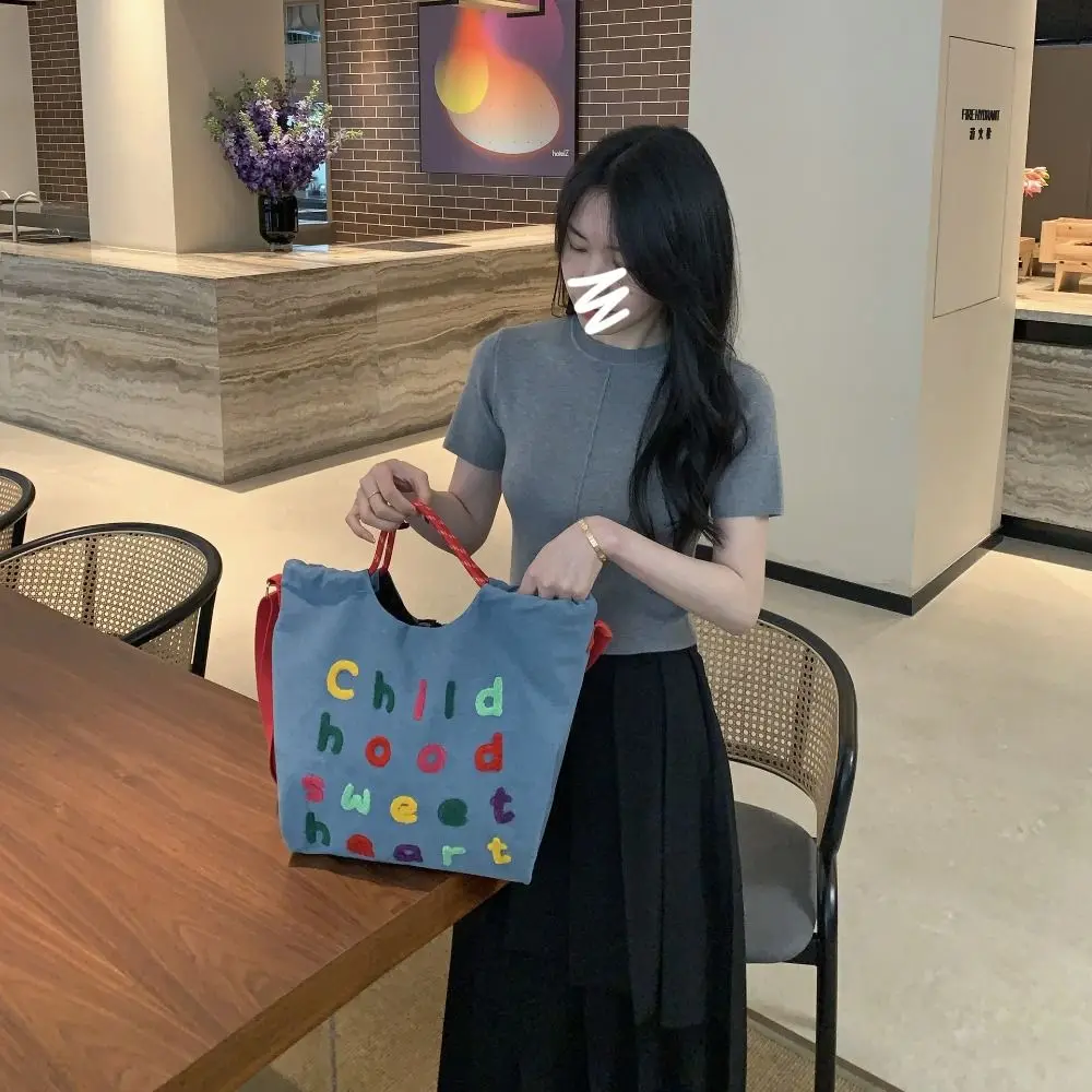 Tas tangan bordir huruf kain Denim tas Tote kolor cetak gaya Korea tas belanja tas bahu INS