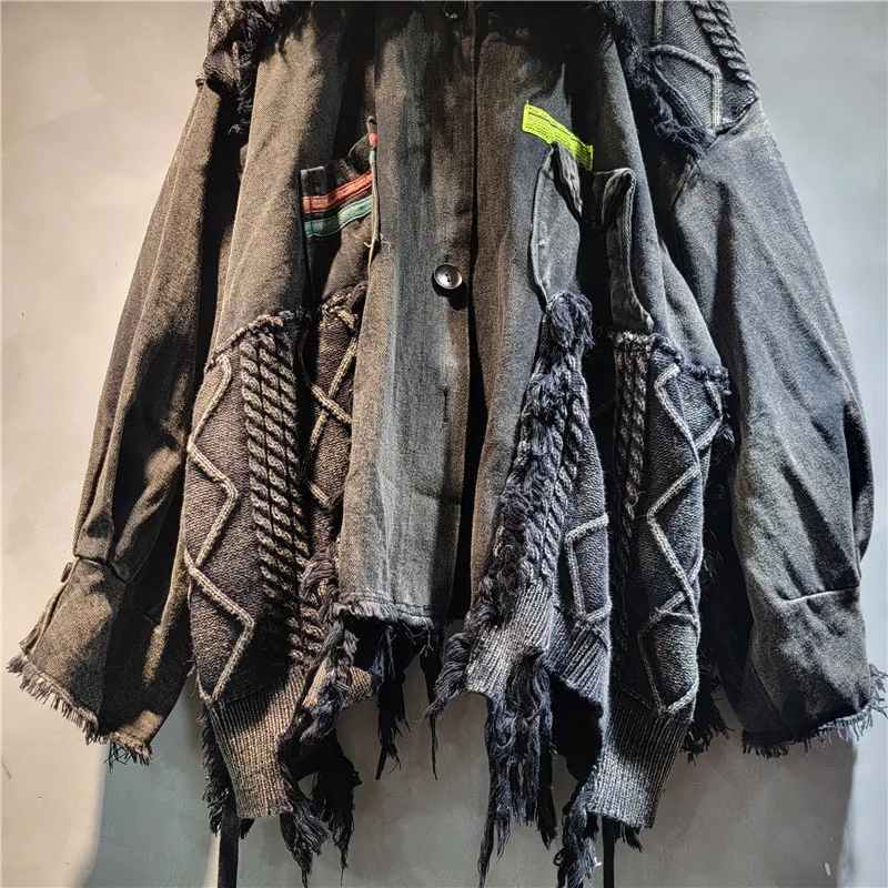 2024 가을 새로운 느슨한 대형 디자인 니트 술 스티치 여성 패션을위한 고민 된 코트를 씻어