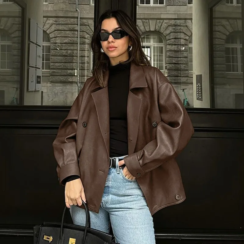 

American Fashion Winter Retro Brown Leather Jacket for Women with A Sense of Luxury Loose Fitting Suit Collar Coat