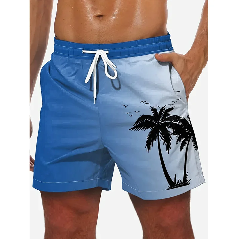 3D Coconut Tree Print Male Shorts Summer Fashion Drawstring With Pockets Sports Shorts Men Hawaiian Beach Casual Swimming Shorts