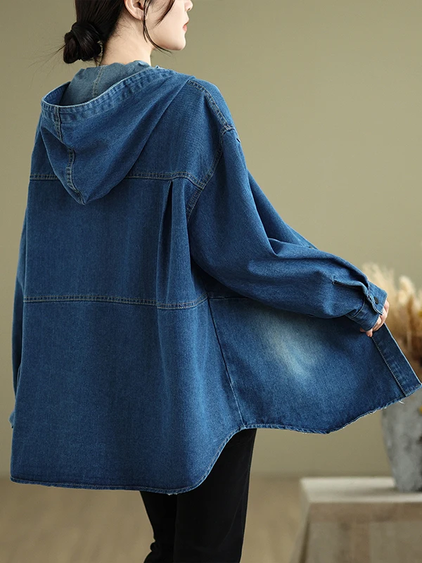여성용 패셔너블 캐주얼 후드 데님 재킷 디자인 루즈 슬림핏 탑 빈티지 스타일 긴 소매 버튼 클로저 가디건