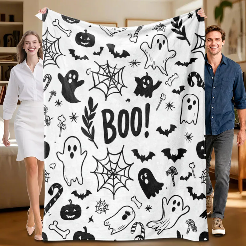 

Цельное черно-белое фланелевое одеяло на тему Хэллоуина, мягкое, подходит для дивана, кровати, офиса, всесезонного использования.