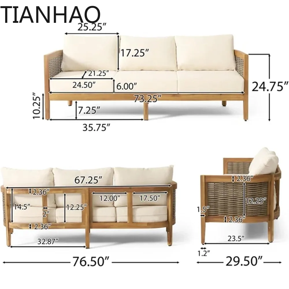 Outdoor Acacia Wood Wicker 3 Seater Sofa, Patio Furniture Conversation Set for Backyard