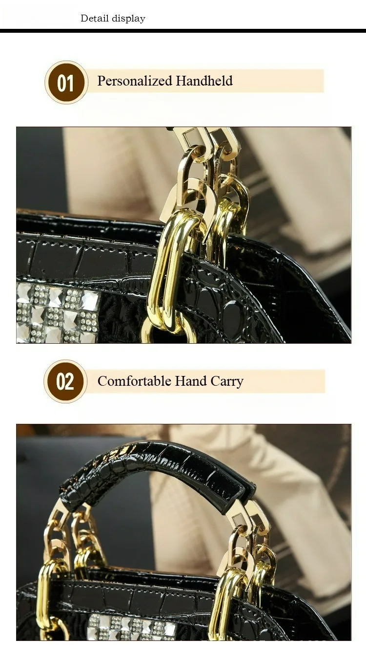 2026 Neue Elegante Handtasche mit Krokodilmuster aus Lackleder mit Spitzen- und Diamantenbesatz als Schulter- und Umhängetasche – Detail 8