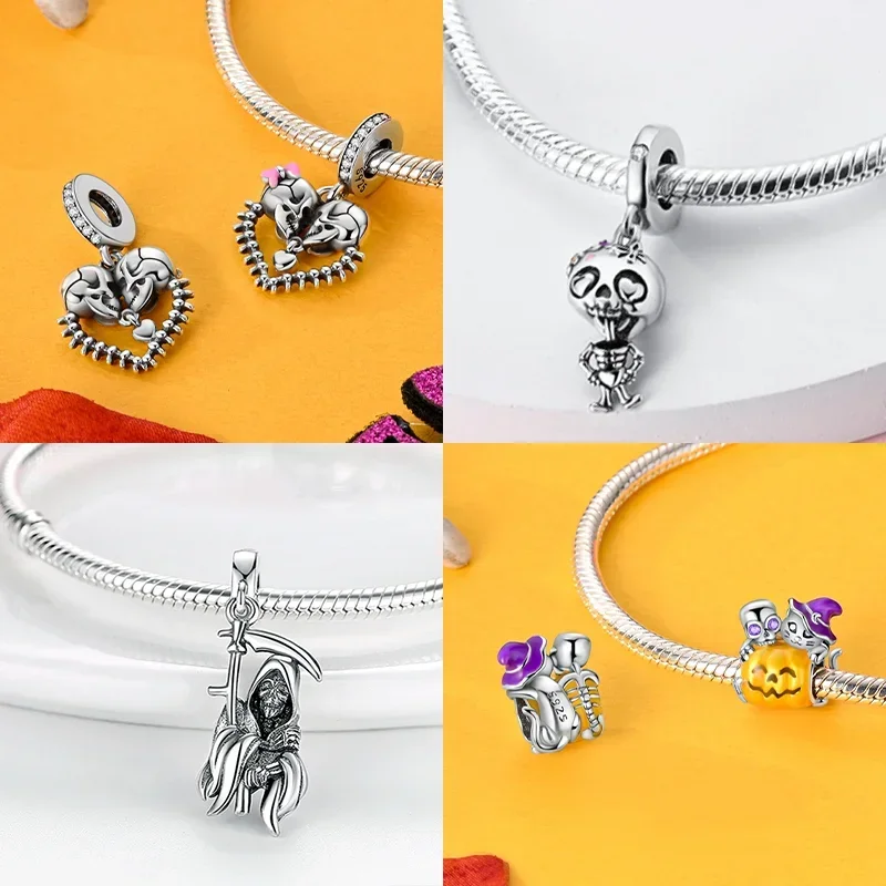 Silver S925 Luminous Halloween Charms Zombie Skeleton Dangle Bead Fit Original Bracelet DIY Fine Jewelry Gifts for Women Making view 3