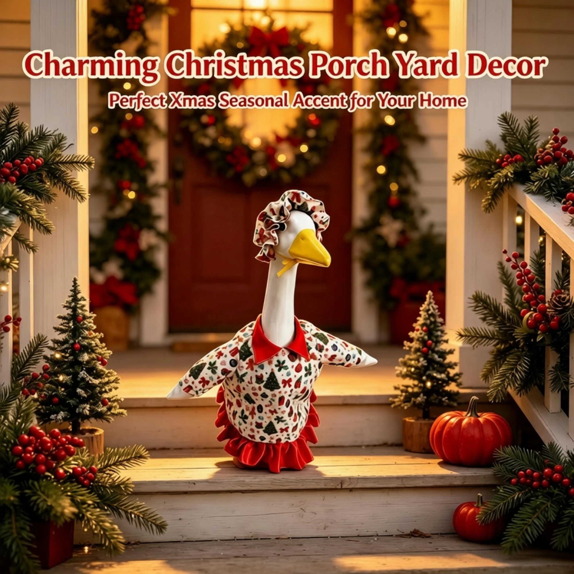Porch Goose Christmas Outfit Gingerbread Man Bow Print Dress with Ruffled Hat Festive Costume for 23 Inch Goose Statue