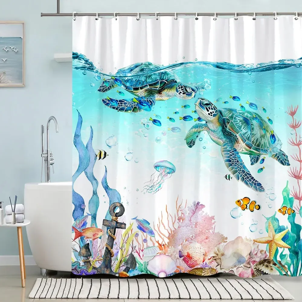 ~O~Turtle Shower Curtain Summer Beach Anchor Nautical Starfish Watercolour Art Creative Polyester Shower Curtains Bathroom Decor