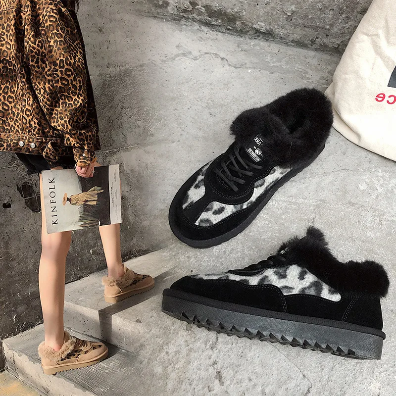 Snow Boots Women's New Winter Leopard Print Lace-up Comfortable and Warm Furry Ankle Boots Daily Outdoor Casual Cotton Boots