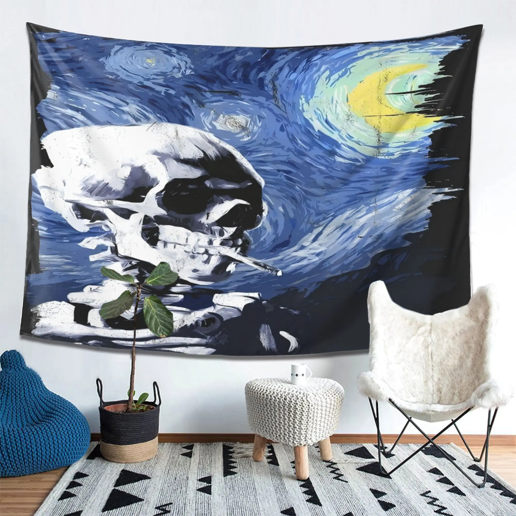 1pc Gothic Skeleton Starry Night Wall Tapestry Aesthetic Room Decor Pink Room Decor Wall Blanket Vintage Art Teen Room Wall