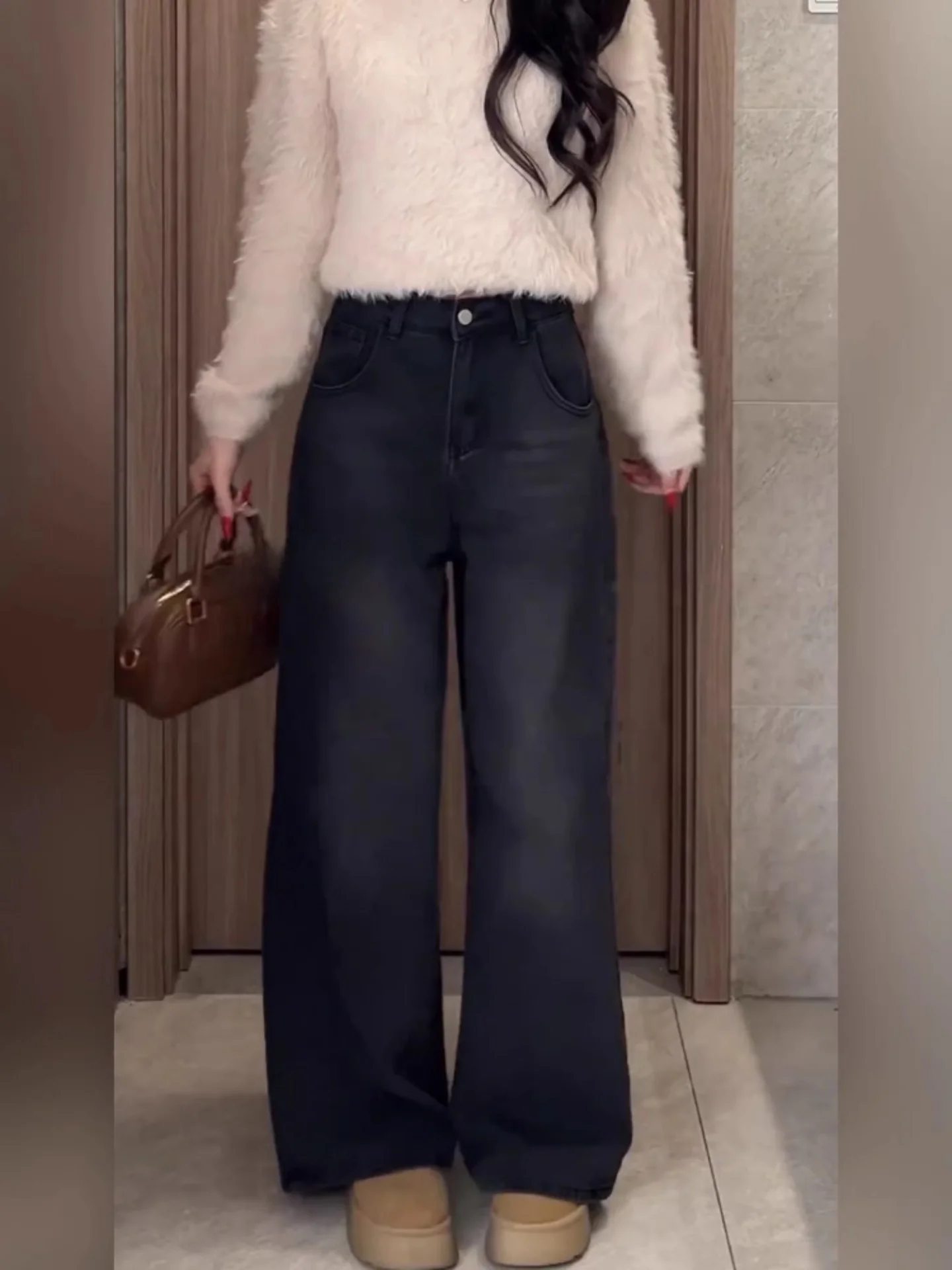 

High Waist Fleece Lined Thickened Casual Loose Women's Jeans Straight Leg Slimming Wide Leg Pants Autumn Winter New Style