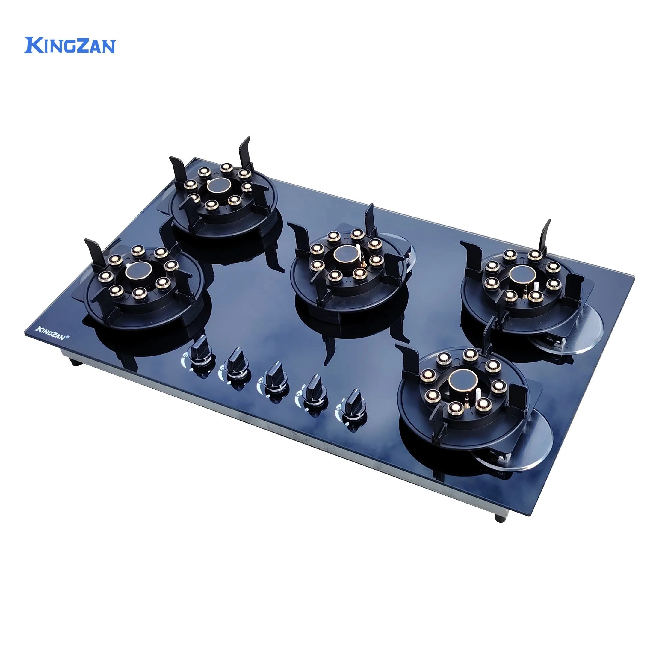 

Интеллектуальная библиотека Газовая плита Kingzan Оптовая продажа с фабрики 5-мя конфорками Стеклянная газовая плита Легко чистится Складная конструкция горелки