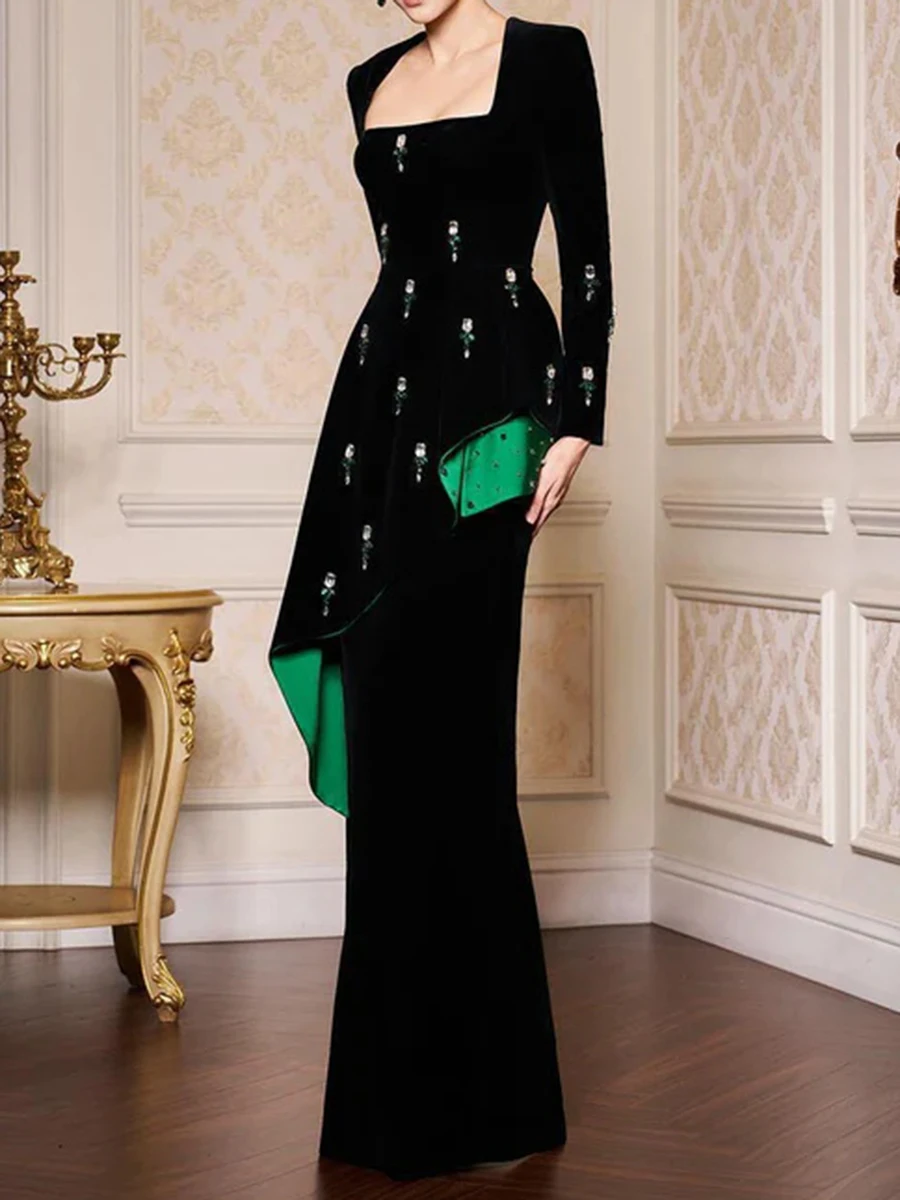 TWOTWINSTYLE Colorblock Spliced Diamond Midi Dresses For Women Square Neck Long Sleeves Patchwork Pearl Elegant Dress Female New - view 5