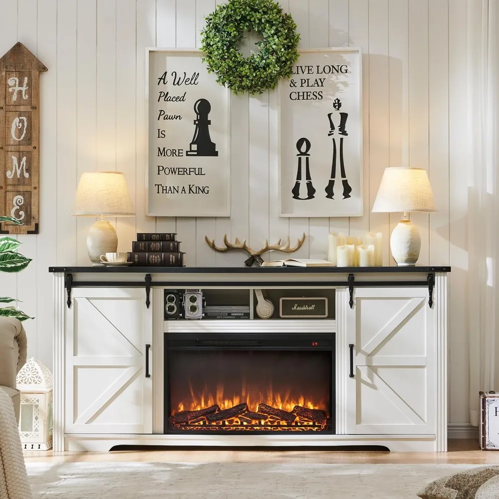 

Farmhouse Fireplace TV Stand for 75,80 Inch TV, 32" Tall Entertainment Center w/4 Drawers & Sliding Barn Door