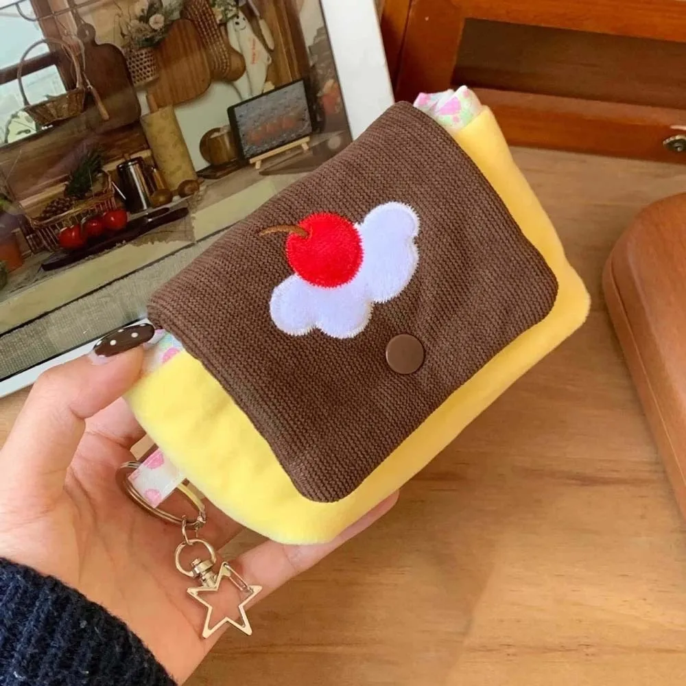 Cherry Pudding Design Coin Purse Corduroy Texture Compact Dimension Mini Pouch Wallet Contrast Color Stitching