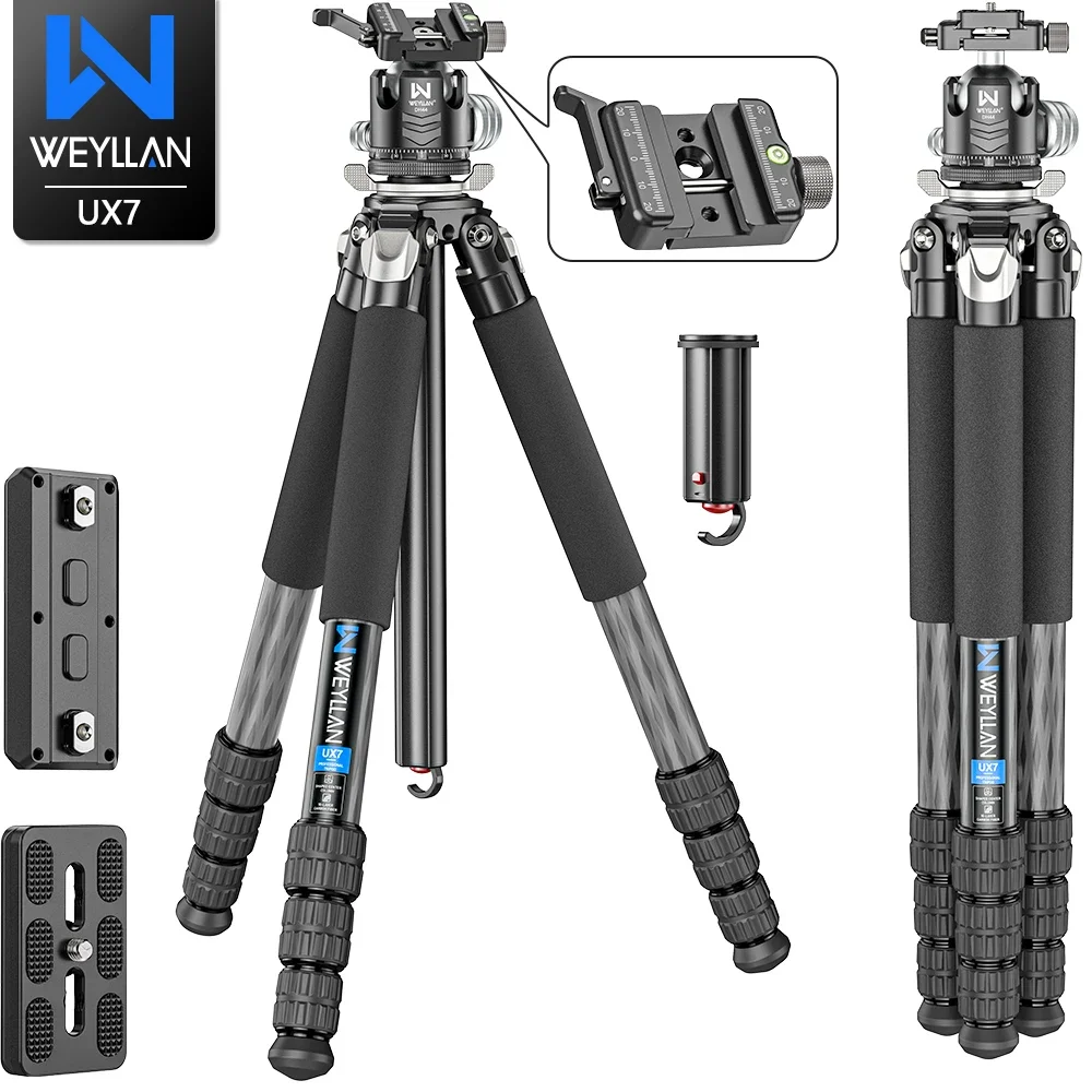 Carbon Fiber Camera Tripod Heavy Duty 32.5mm Tube WEYLLAN UX7 with Mlok Rail, Q.R Plate, Lever Lock 44mm Ballhead for Picatinny