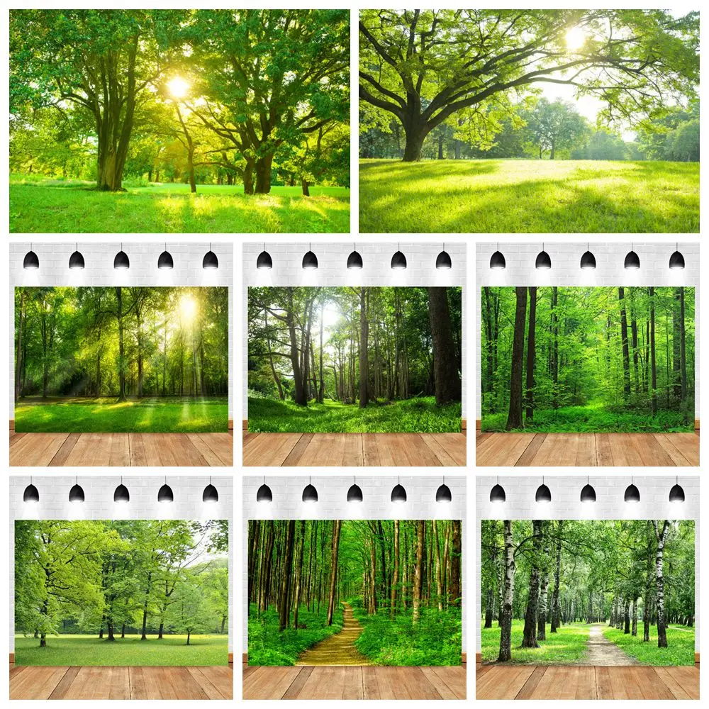 Spring Green Forest Backdrop Trees Grass Land Sunlight Kids Birthday Party Outing Portrait Photography Background Wall Decor