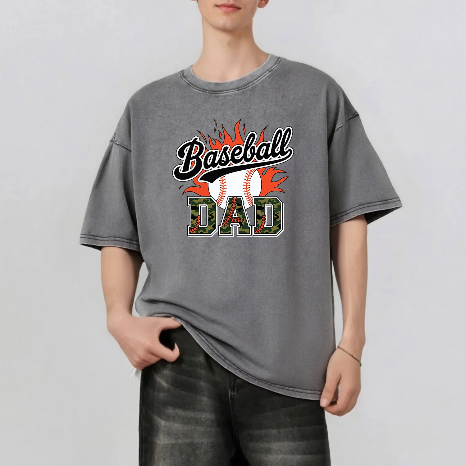 

Sport Dad Graphic Printing Men's Summer Retro Style Washed Water T-Shirt Casual Short Sleeved Basic Men's Top 230G