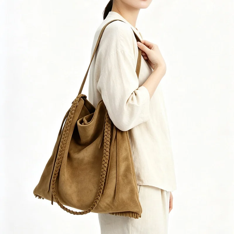 Vintage Genuine Suede Cowhide Fringe Tote Bag Women Daily Casual Braided Strap Drawstring Large Shoulder Handbag