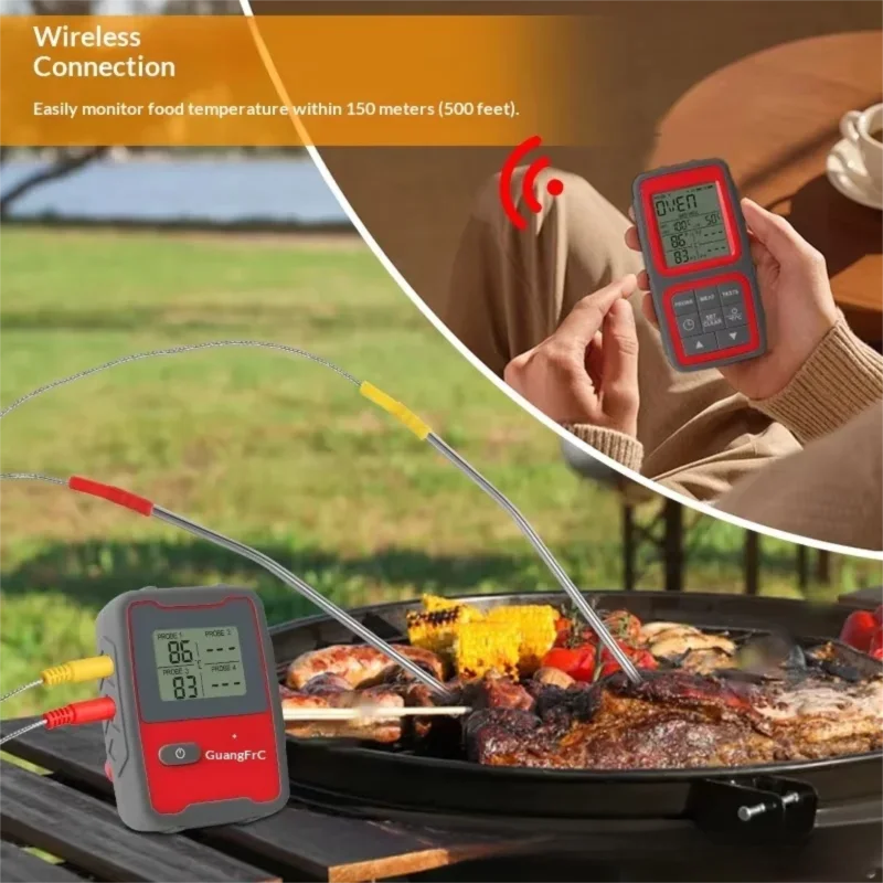 For Kitchen Meat Cooking Grilling Precision Food Temperature New Wireless 4-Probe BBQ Thermometer 4-Channel Backlit Display
