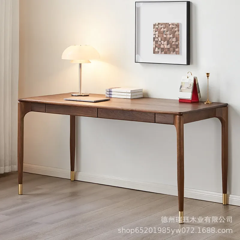 Black Walnut Solid Wood Desk with Drawer Home Study Table Computer Desk for Room Office Furniture