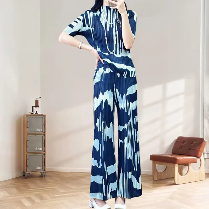 

Miyake Pleat Pants Set Vintage Clashing Wear Plisse Fold 2025 Pullover Pleat Top Straight Casual Trousers Dark Blue Pleats Set