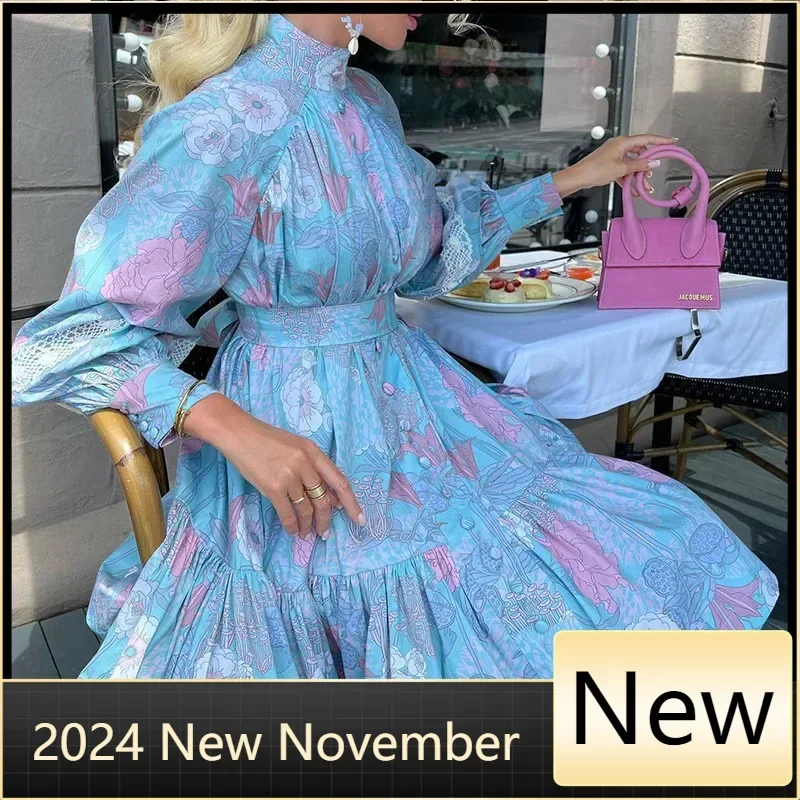 

Customized Vintage Printed Lace-Up Mini Dress For Women Fashion Ruffled Pleated Dress Bandage Long Sleeve High Street Women's Dr