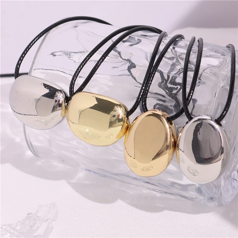 HUANZHI Smooth Oval Irregular Metal Necklace for Women Girls Leather Rope Chain Fashion Design Collar Chain Party Jewelry Gifts