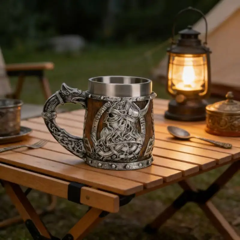 Kubek z motywami mitologii wikingów, kubek z wkładką ze stali nierdzewnej, retro kieliszek do wina, personalizowany kubek na wodę dla mężczyzn.