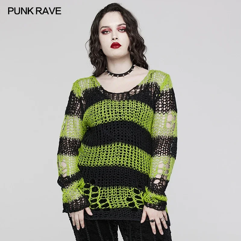 PUNK RAVE Women's Decayed Mohair O-Neck Pullover Sweater Punk Daily Versatile Stripes Mesh Loose Tops  Multicolor