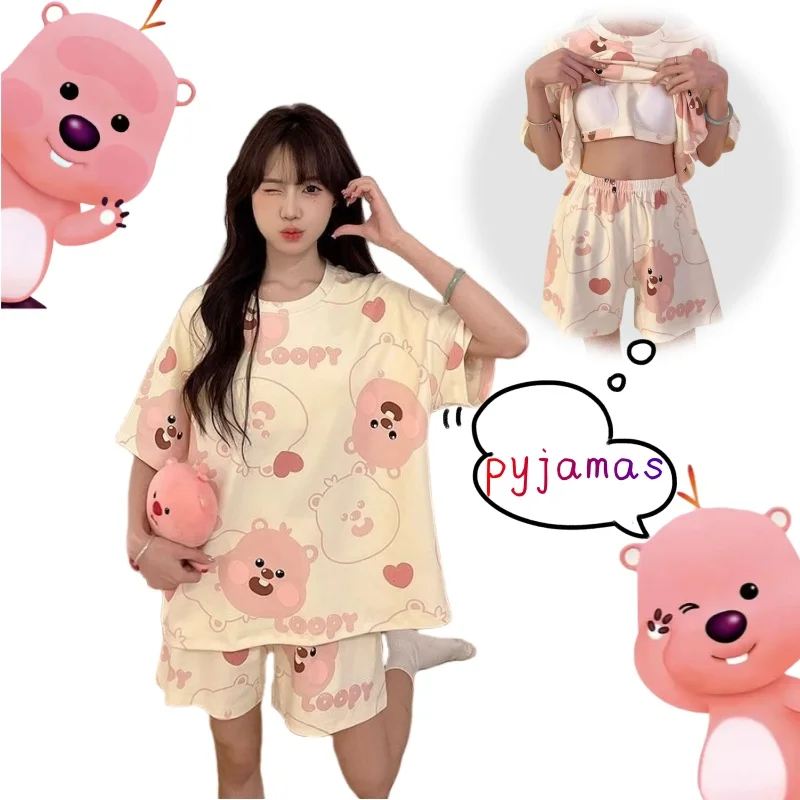 

Летняя пижама «Hello Kitty», комплект из двух предметов, тонкая свободная одежда для девочек с милым милым принтом и нагрудником
