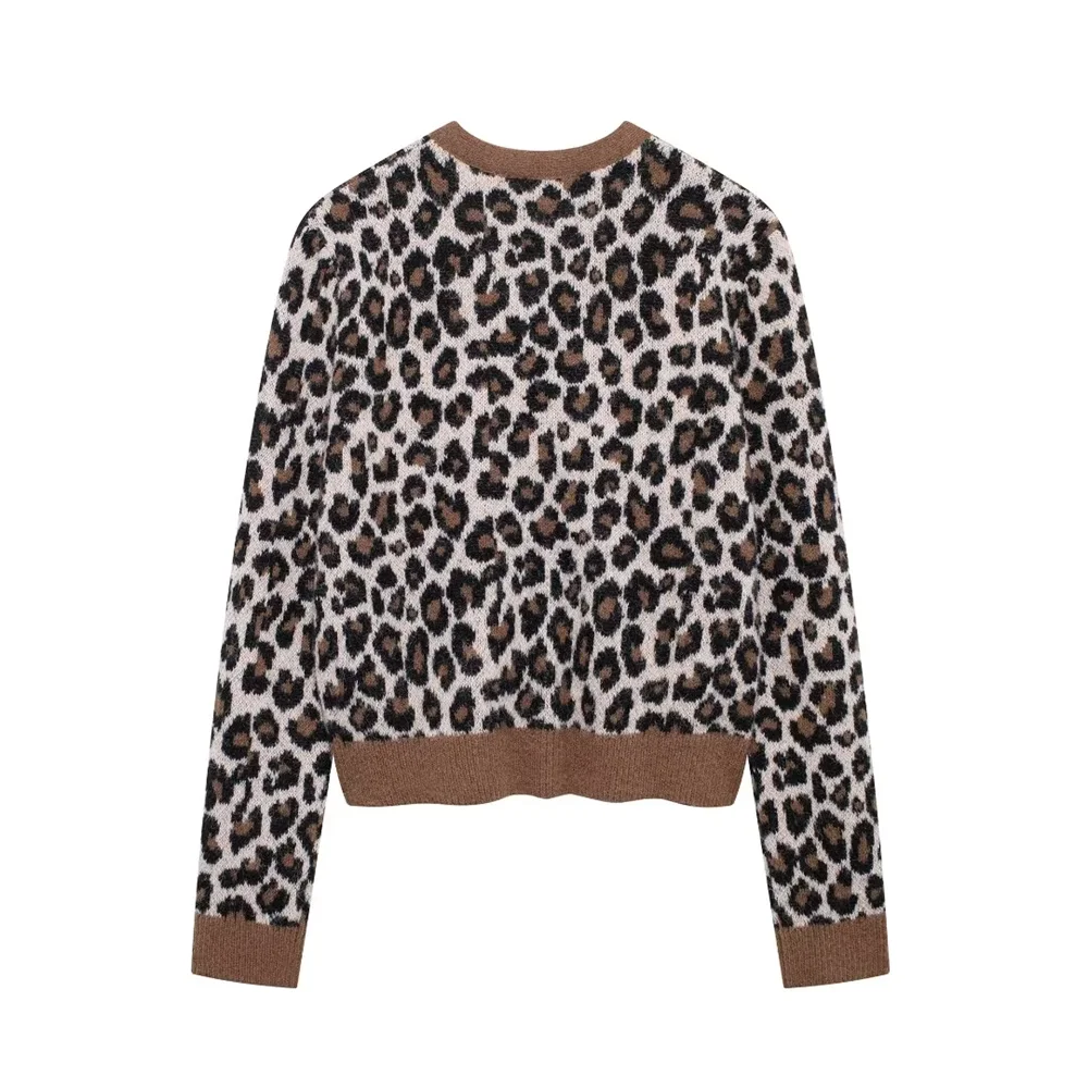 RZRA Autumn/Winter New Sweet Animal Pattern Leopard Print Long Sleeve Round Neck Knitted Cardigan for Women