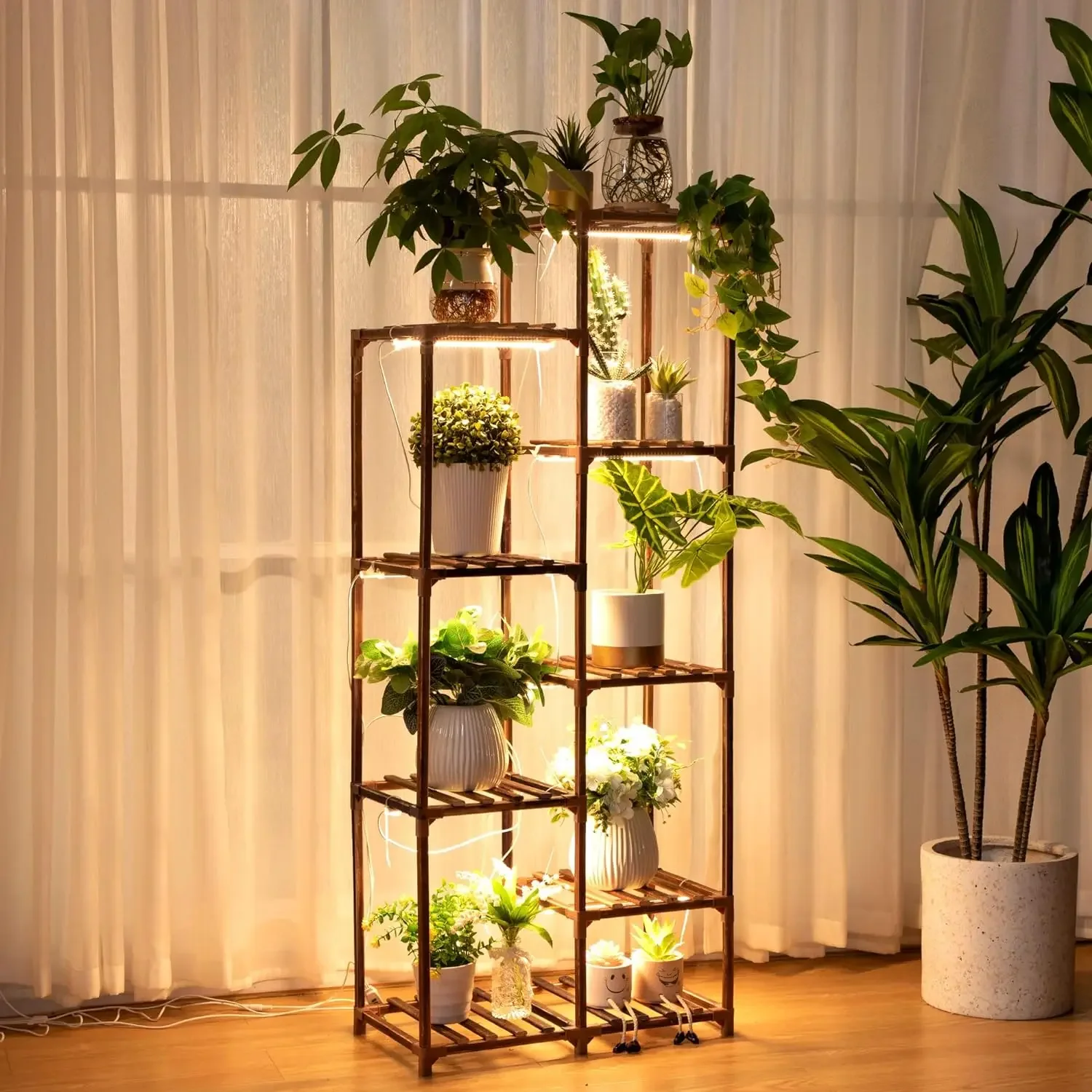 Plant Stand with Grow Lights, Wood Plant Shelf with Full Spectrum Grow Lamp for Indoor Corner