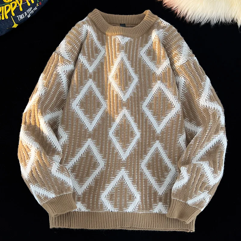 Nuovo maglione casual comodo caldo antivento con diamanti da uomo autunno inverno maglione pullover versatile casual di alta qualità all'aperto