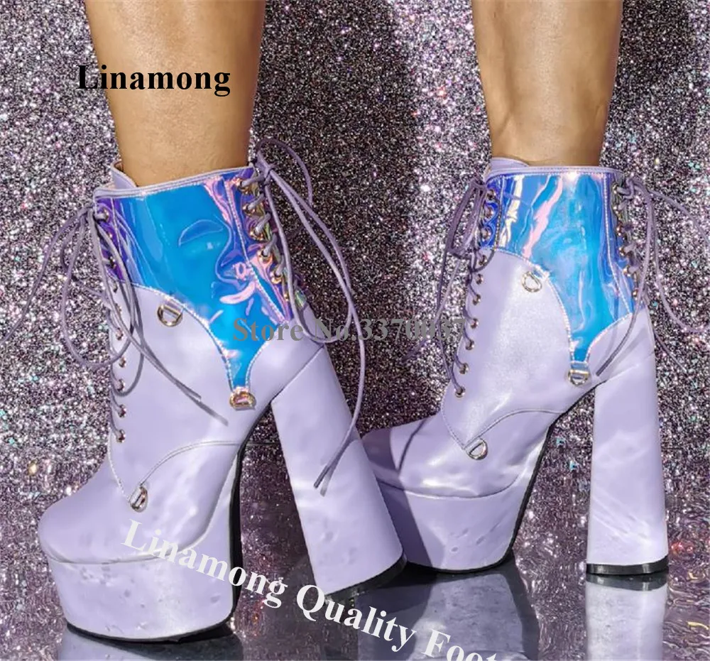 

Linamong Light Purple Patchwork Hologram PVC Block Heel Short Boots Round Toe Lace-up High Platform Chunky Heel Ankle Booties