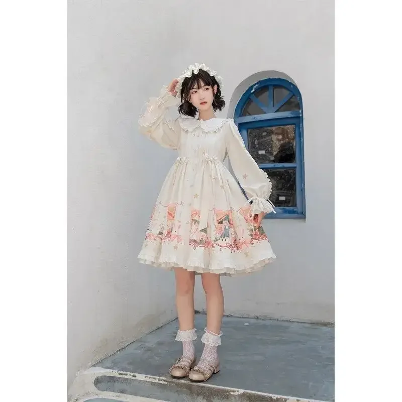 MAGOGO Japanse Zoete Lolita OP Jurk Meisjes Kawaii Cartoon Print Boog Ruches Prinses Jurken Vrouwen Lange Mouw Party Vestidos