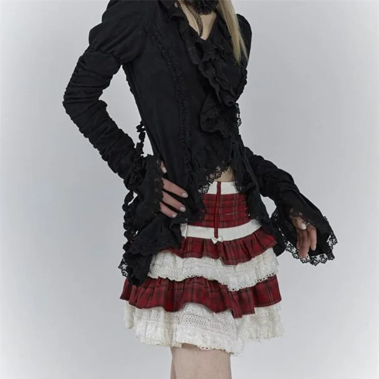 Gothic Black Lace Shirt Dark Aesthetic Irregular Blouses Yamamoto Style Grunge Flare Sleeve V-neck Shirt Vintage Y2k Emo