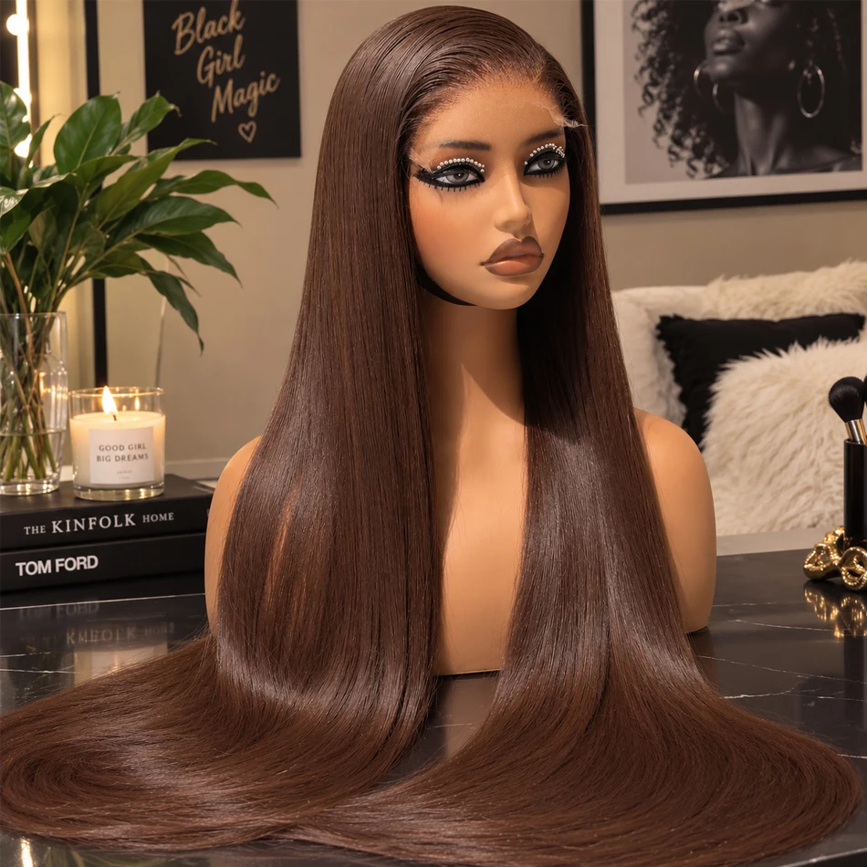 Premium Chocolate Brown Colored 13x6 HD Lace Frontal Human Hair Wigs 40 Inch Long Raw Indian Straight Human Hair 13x4 Lace Front Wigs for Woman