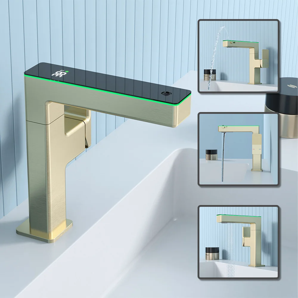 Moderne Luxus Digital Display Bad Wasserhahn Einzigen Loch Deck Montieren Messing Mixer Waschbecken Wasserhahn Waschgefäß Badezimmer Waschbecken Armaturen Farbwechsel Atmosphäre Lampe Wasserhahn für Bad