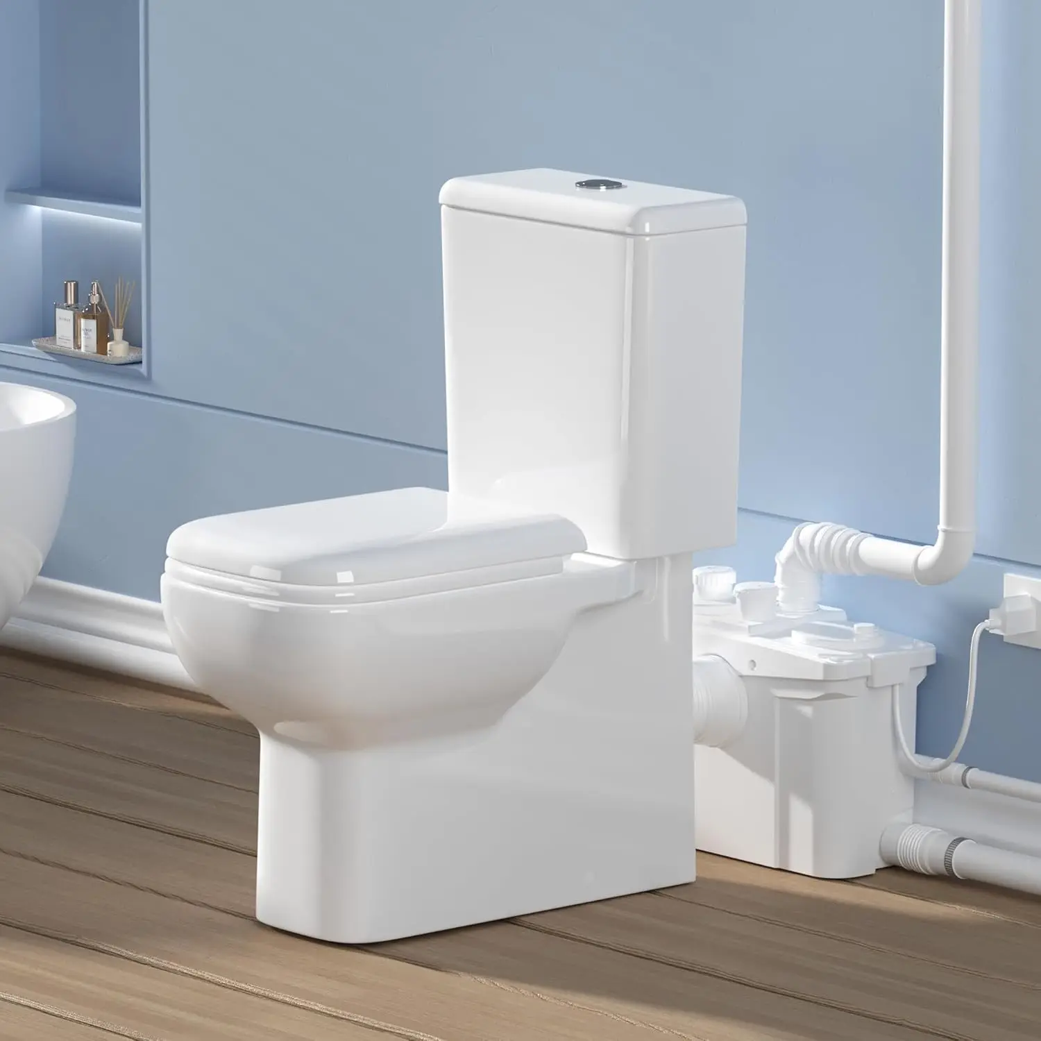 

Upflush Toilet System for Basement, Elongated Square One-Piece Rear Outlet, Dual Flush 1.1/1.6 GPF, 17 Inch Comfort, Customized